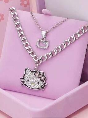 Hello Kitty Necklace 2pc Personalized Set TrendyPink Velvet Silver Chain Pendant
